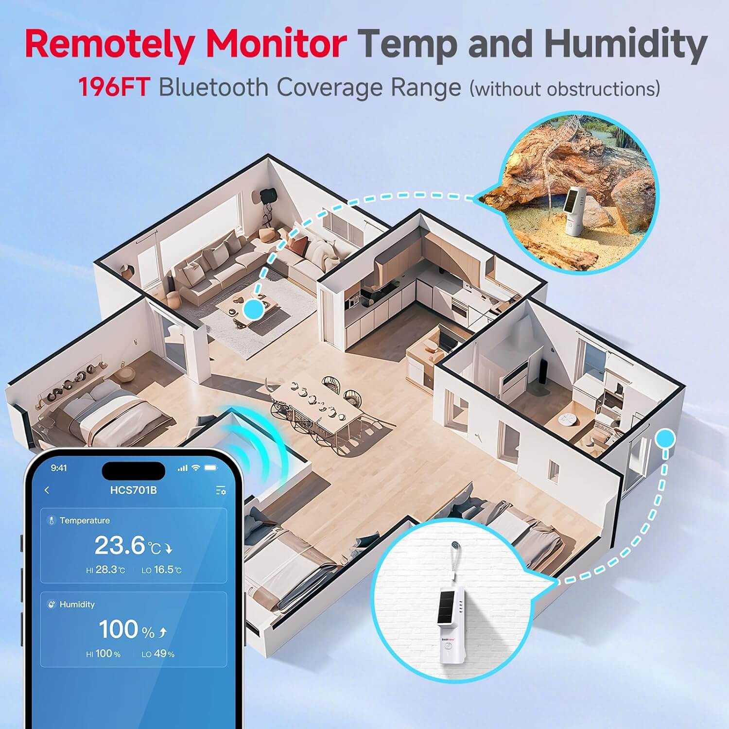BaldrTherm Solar Bluetooth Temperature & Humidity Monitor, Wireless Thermometer with Date Storage（2 pack）