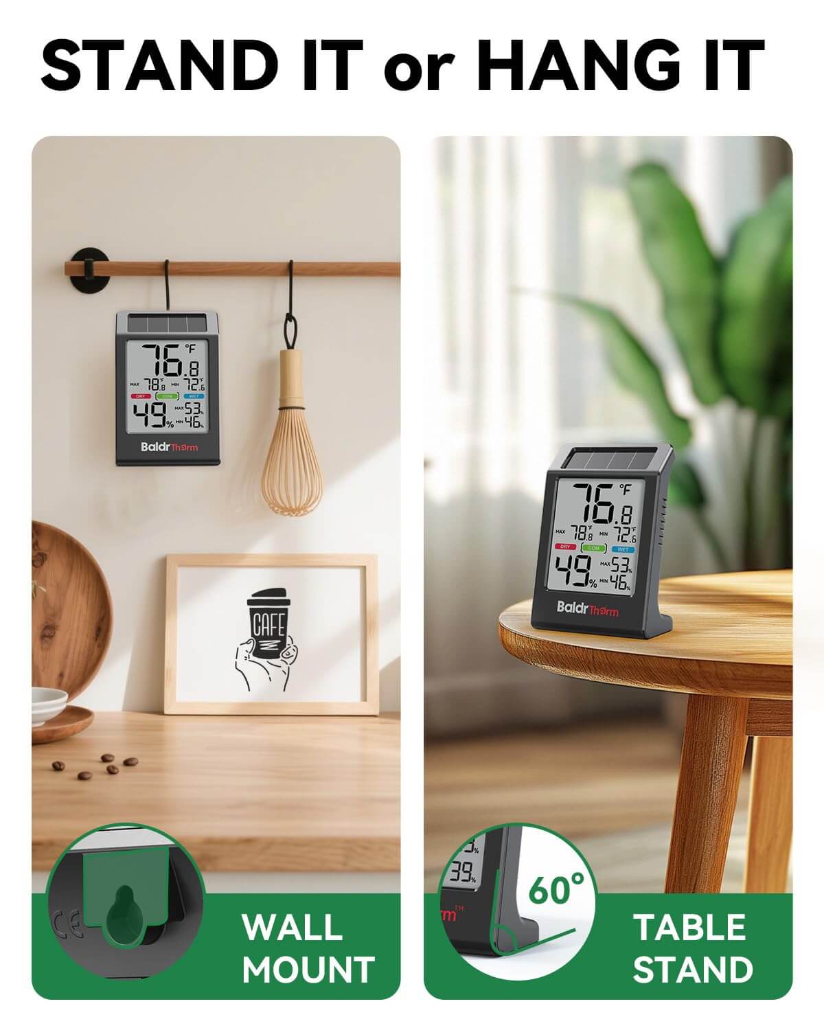 BaldrTherm Indoor Thermometer Hygrometer, Solar Power with Battery Backup, Large Display, Daily Max/Min & Comfort Indicator Humidity Meter（Black）