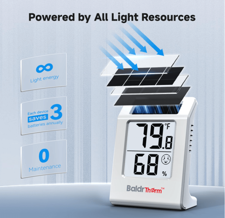 BaldrTherm Humidity Meter Hygrometer, Solar-Powered Room Thermometer 2.2'', White and Black