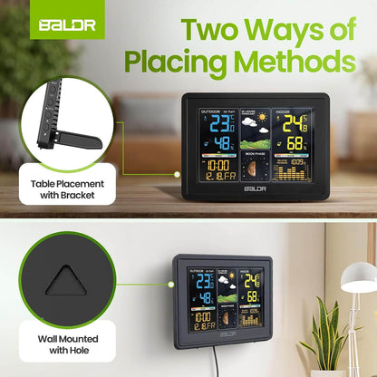 BALDR Wireless Digital Weather Station - Indoor Outdoor Thermometer Wireless Home Weather Station with Remote Sensor, Atomic Alarm Clock, Moon Phase & Barometric History Display, Weather Clock