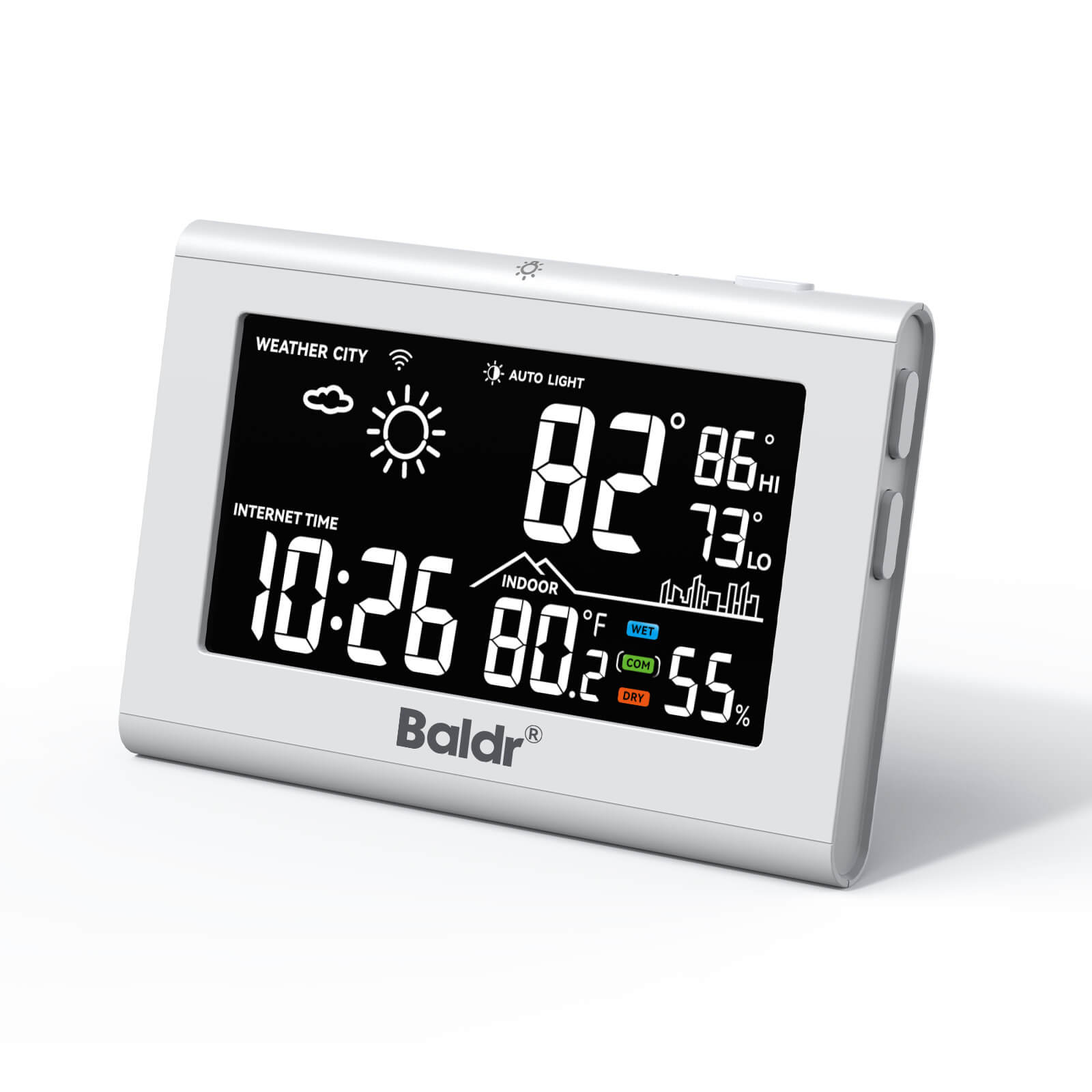BaldrTherm WiFi Weather Station with Indoor Temperature and Humidity, City Current Temperature and Weather, Accurate Network Time, Auto Backlight
