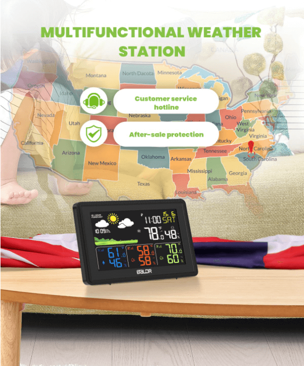 BALDR Wireless Weather Station w/ 3 Sensors – Large Color Display, Atomic Clock, Barometer,Black