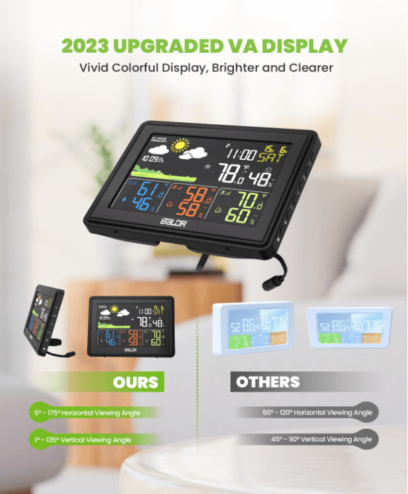 BALDR Wireless Weather Station w/ 3 Sensors – Large Color Display, Atomic Clock, Barometer,Black