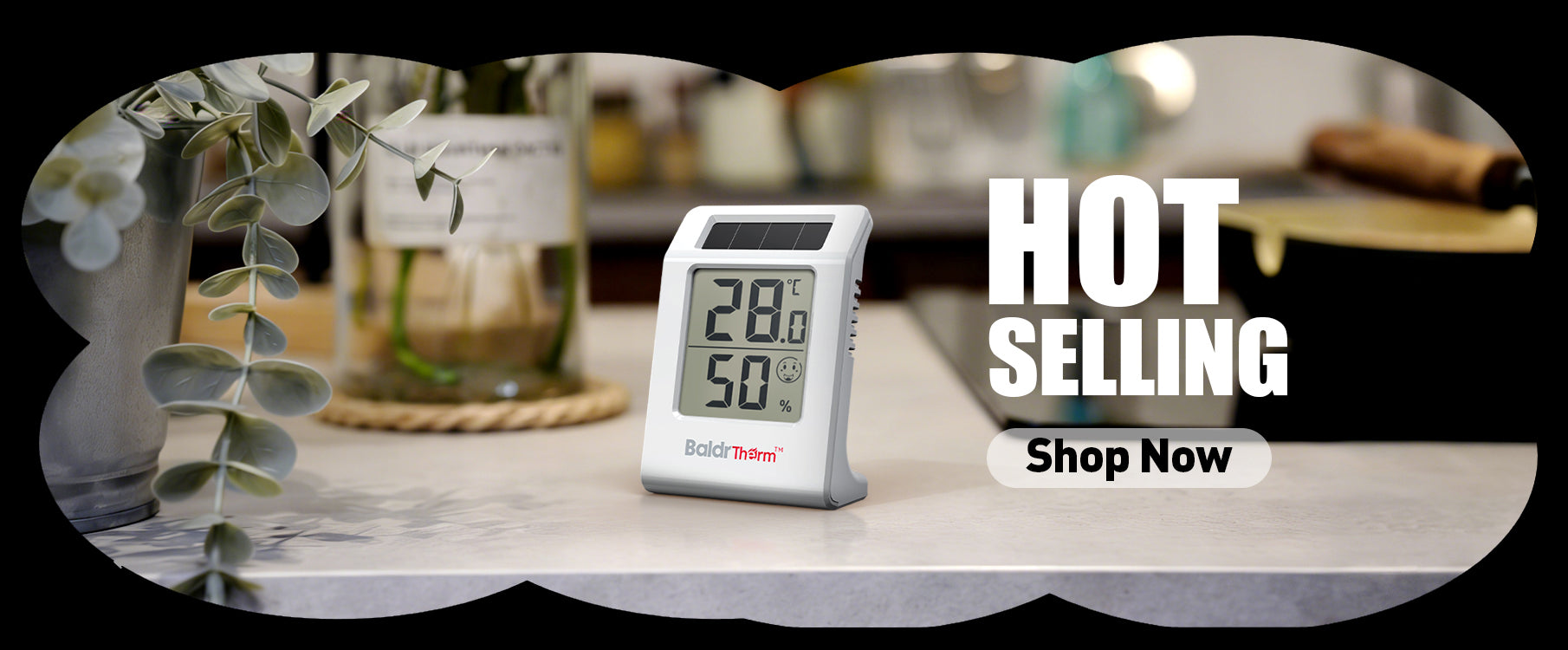 Digital thermometer on a table with 'Hot Selling' text and 'Shop Now' button.