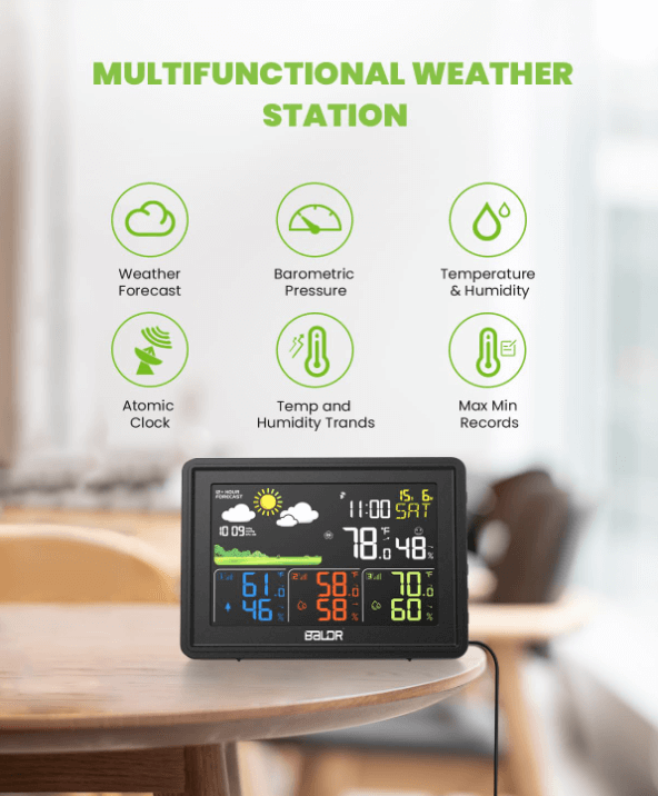 BALDR Wireless Weather Station w/ 3 Sensors – Large Color Display, Atomic Clock, Barometer,Black