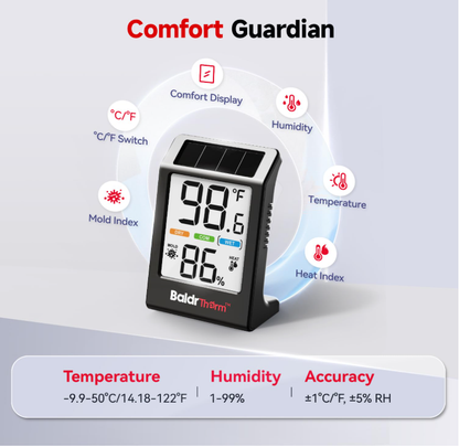 BaldrTherm Humidity Meter Hygrometer – 3.2'' Solar Room Thermometer