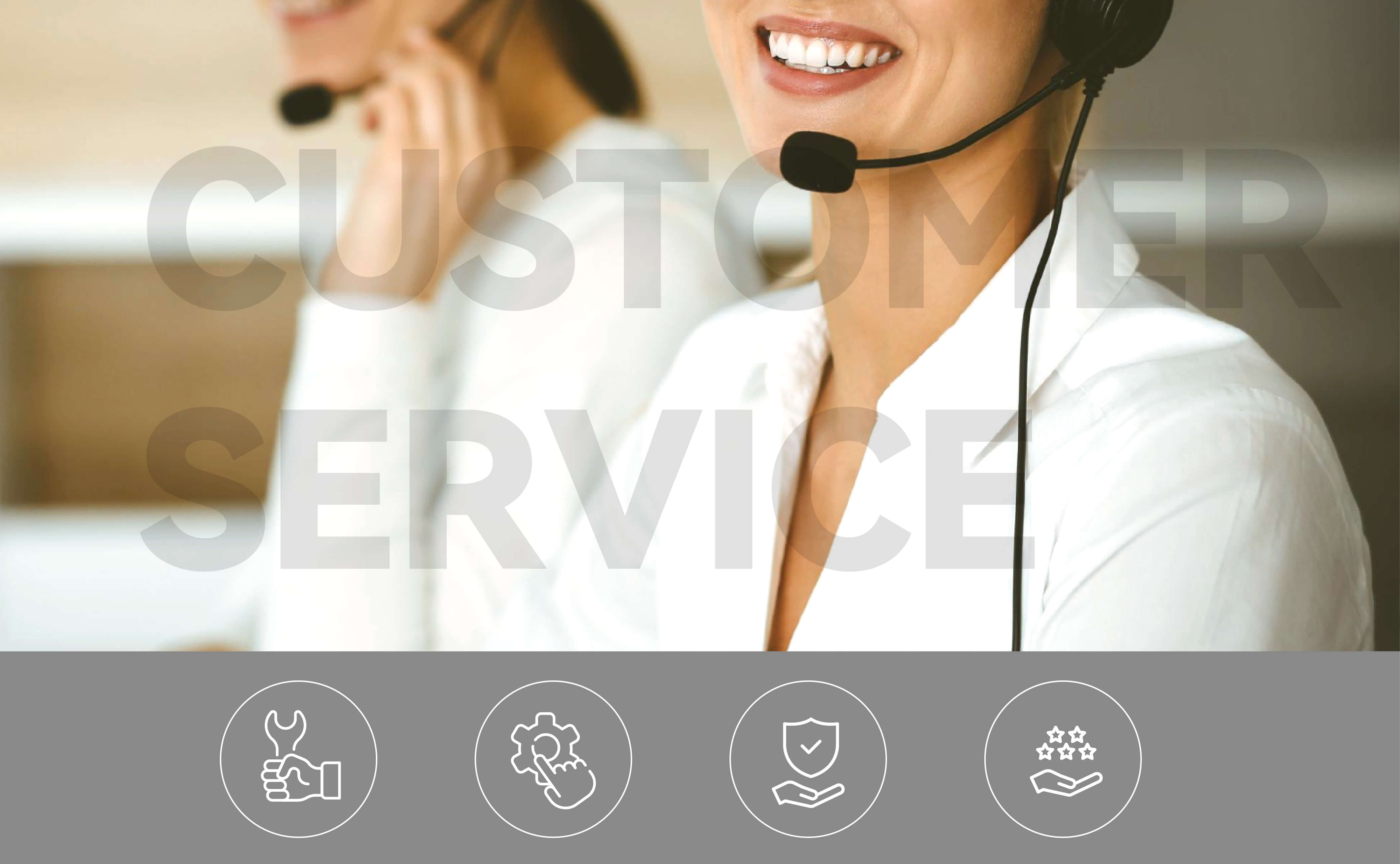 Two customer service representatives wearing headsets with the word 'CUSTOMER SERVICE' overlayed.